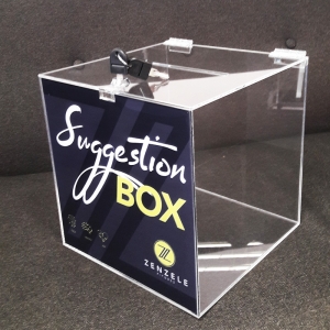 Vinyl branding on front side of this clear suggestion box.